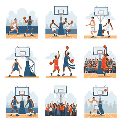 Basketball game action scenes with players, hoops, and cheering crowds