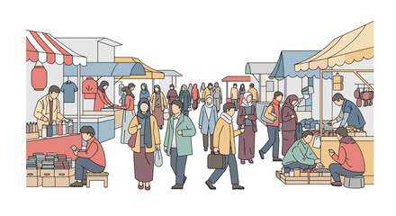 Bustling Outdoor Market Scene with Diverse Shoppers and Vendors