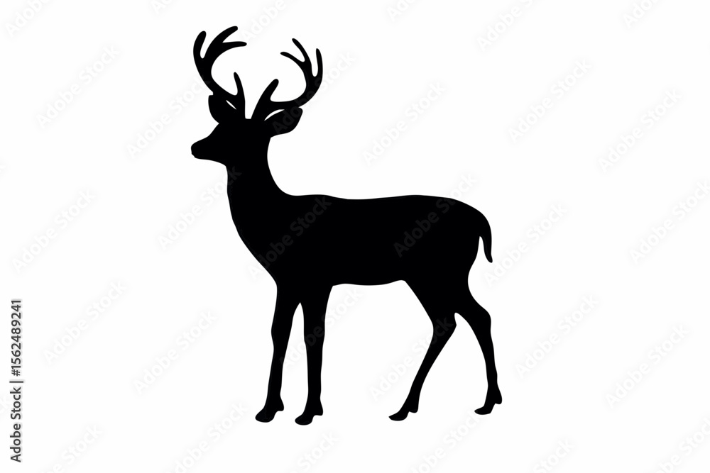 Poster silhouette of a deer standing with antlers visible against a white background in a simple illustrati