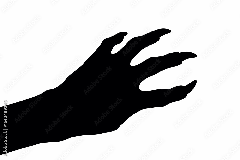 Poster silhouette of a hand with long sharp claws reaching out against a white background in a spooky style