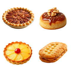 Artistic dessert collage featuring various pastries on transparent background