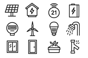 Black set of 12 green icons. Minimal vector for efficiency and modern living.
