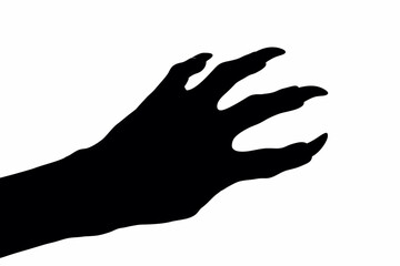 Silhouette of a hand with long sharp claws reaching out against a white background in a spooky style created with generated ai