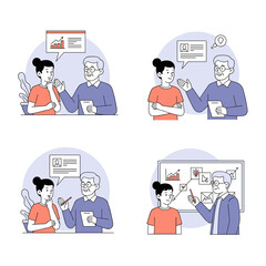 Collaborative Business Discussions Depicted in Four Different Illustrated Scenarios