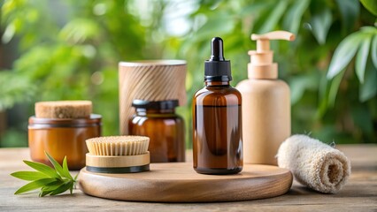 A collection of natural skincare products in sustainable packaging is displayed on a wooden surface with a lush green background