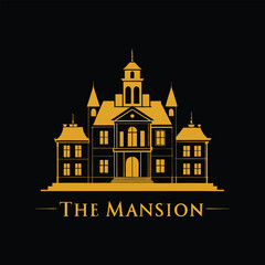 Fototapeta premium Elegant Luxurious Mansion Silhouette with Golden Rooftop and Classic Serif Font for Real Estate and Premium Branding Design