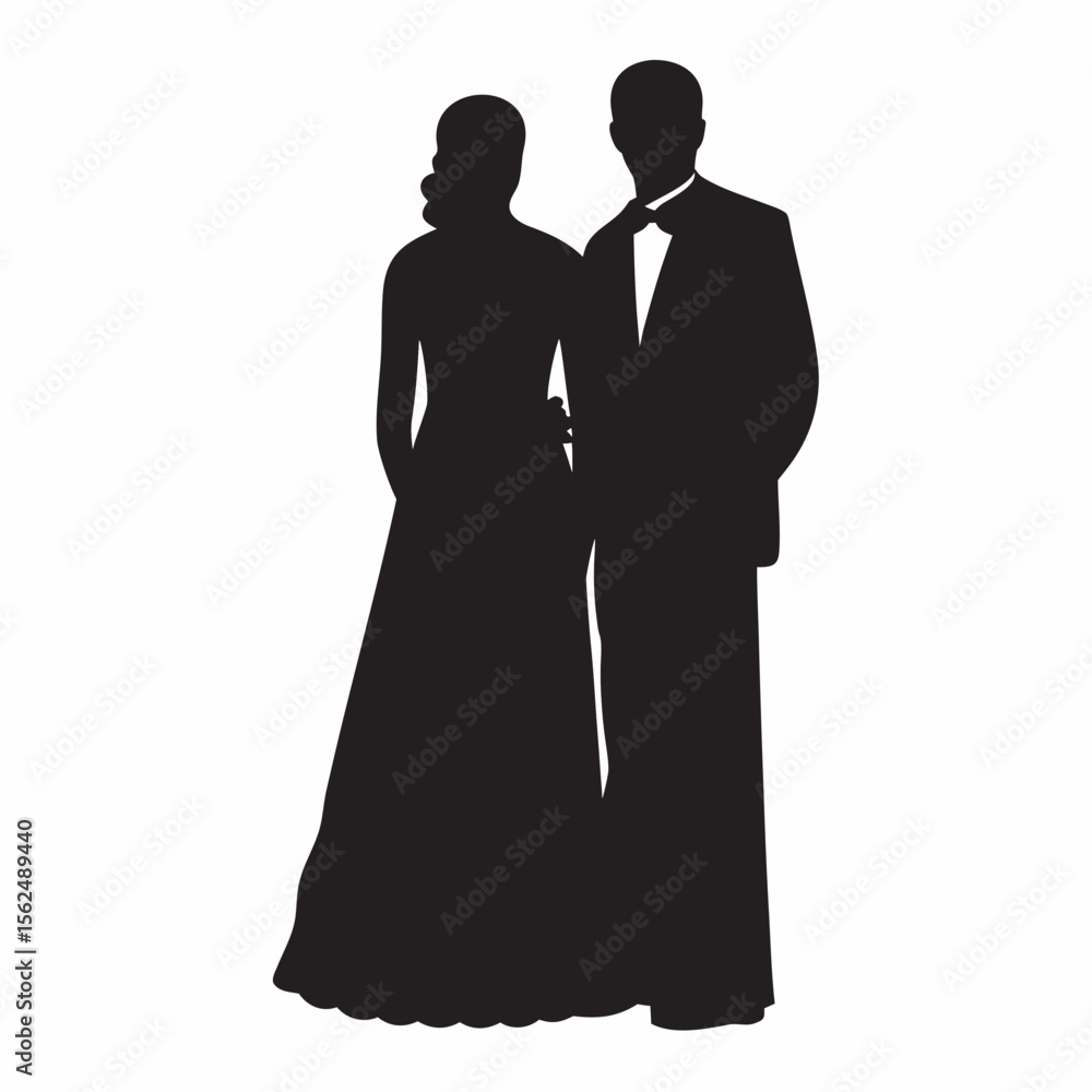 Poster silhouette of a bride in a gown and groom in a tuxedo standing together on their wedding day vector 