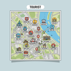 Colorful Tourist Map of a City with Various Landmarks and Points of Interest