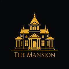 Elegant Luxurious Mansion Silhouette with Golden Rooftop and Classic Serif Font for Real Estate and Premium Branding Design