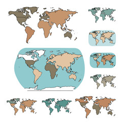 Colorful, Varied World Map Illustrations Displaying Global Geography and Regions