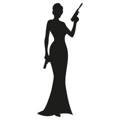 Silhouette of a woman in a gown holding two guns with one raised in a spy or action movie scene created with generated ai