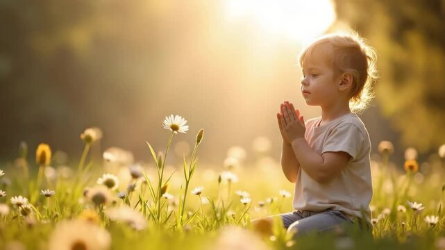 Child praying in golden light amidst meadow, a serene scene of innocence and faith. Child praying with folded hands, bathed in the warmth of sunbeams filtering through blooming flowers,