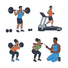 Diverse individuals exercising with weights, treadmill, and coaching session