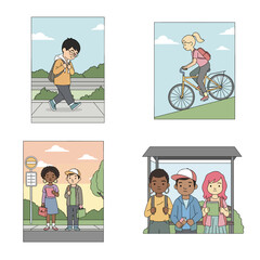Diverse Students Commuting: Walking, Cycling, and Waiting at the Bus Stop