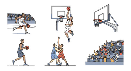 Dynamic Basketball Action Scenes with Cheering Crowd Illustrations