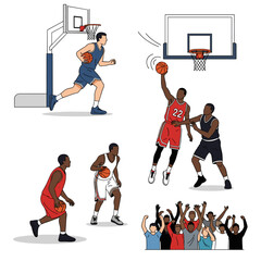 Dynamic Basketball Players in Action with Energetic Crowd Illustration