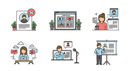 Illustrated Concepts of Online Portfolios, Presentations, and Digital Communication.