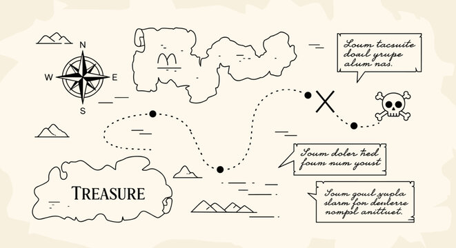Hand-Drawn Treasure Map with Compass, Skull, and Cryptic Clues