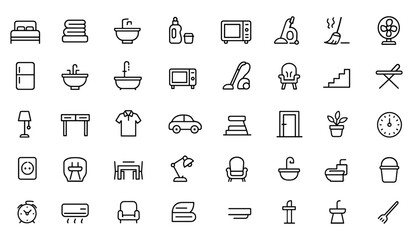 Housekeeping icon set editable thin line vector illustration of household management with appliances, furniture, plumbing, cleaning tools, laundry hygiene, home maintenance service icons.