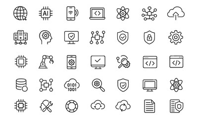 Information Technology Line Editable Icon Set, vector illustration, network security, cloud computing, artificial intelligence, machine learning, automation, data center, infographic.
