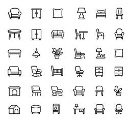 Editable Line Icons Set, Modern Thin Line Icons for Home, Office, Dining, Garden Furniture, Cabinet, Chair, Table, Sofa, Lighting and Decor Elements, vector illustration, home decor icons.