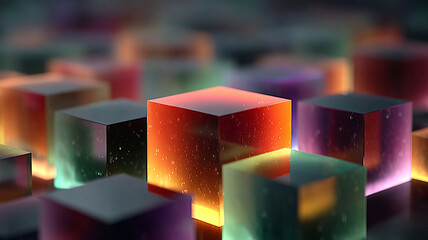 Neon geometric shapes over dark background