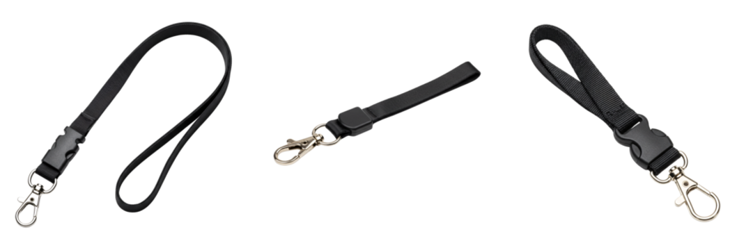 Black lanyard with lobster claw clasp for secure attachment isolated on transparent background png 