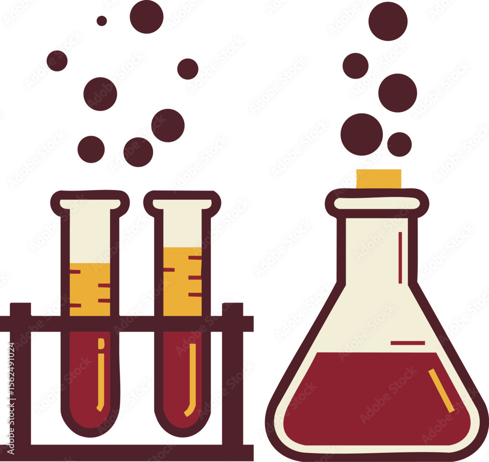 Poster chemistry laboratory glassware with test tubes and flask filled with liquid and bubbles vector illus