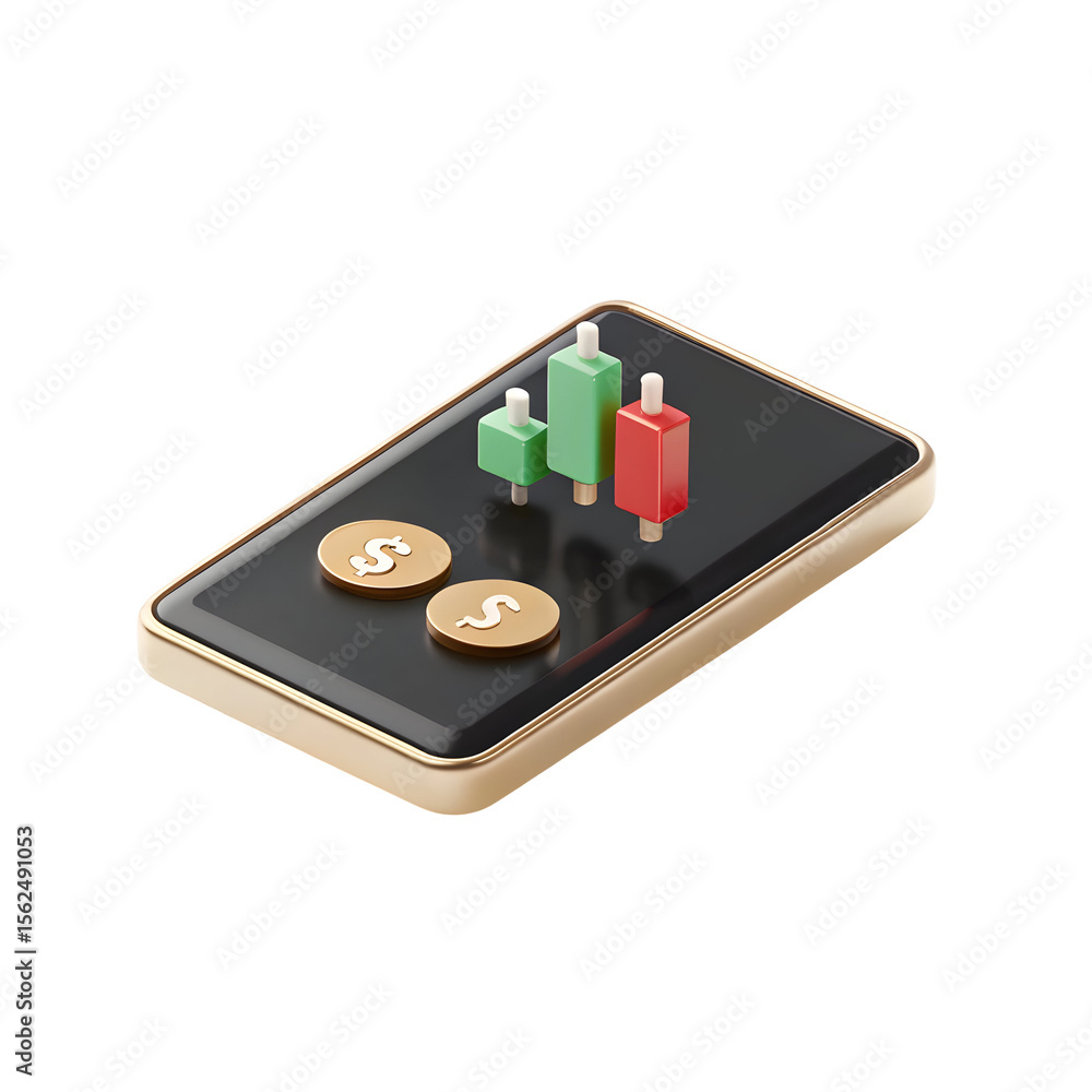 Poster golden phone displaying financial chart and coins isolated on a transparent background