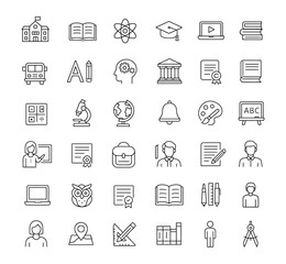 Education line editable icons set, school building, science subjects, online learning, graduation, university, teacher, library, laptop, lesson, student engagement, vector illustration.