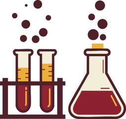 Chemistry laboratory glassware with test tubes and flask filled with liquid and bubbles vector illustration