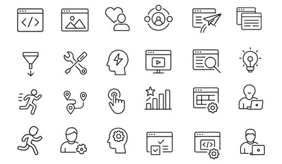 User Experience Line Editable Icons Bundle, Interface Design Development Testing, Usability Accessibility Wireframe Prototype, Journey Mapping Empathy, Interaction Icons, Vector Illustration.