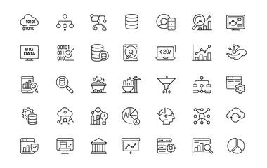 Data line technology icons set, big data analytics, database research, data mining, cloud computing chart, server monitoring, workflow interface vector illustration, information architecture.