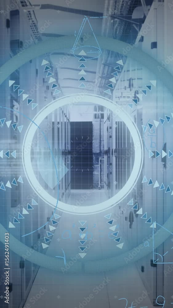 Poster animation of mathematical equations and data processing against computer server room