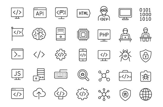Programming line editable icon set, thin line vector illustration of software development icons, code, API, programming languages, developer, IT, software engineering symbol pack.