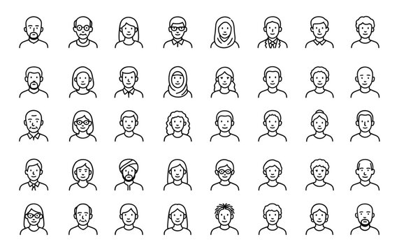 Editable line icon set of people avatars, vector illustration, minimalist portrait symbols of diverse ages and nationalities, user profile icon pack, multicultural avatar collection.