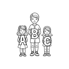Three children holding letters A, B, and C in a playful and educational setting
