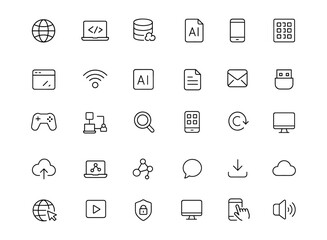 Information technology icon set, modern thin line editable vector illustration of web, cloud, computer, software, programming, database, connection, network, data processing, multimedia, browser.