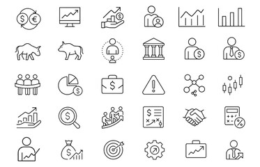 Stock icon set, editable stroke vector illustration of finance icons: trading, profit, shareholder, currency exchange, market, charts, investment, portfolio, money, business, banking, strategy