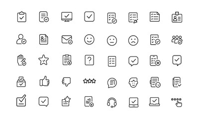 Survey line editable icon set, thin modern vector illustration of checklist, confirmation mark, feedback, rating, form, exam, documentation, test, opinion, vote, questionnaire, isolated on white.