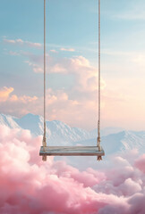 A simple wooden in Heaven swing hanging from a fluffy, pastel-colored cloud, overlooking a dreamy Heavenly landscape creating a dreamy atmosphere. Copy space.