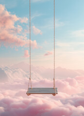 A simple wooden in Heaven swing hanging from a fluffy, pastel-colored cloud, overlooking a dreamy Heavenly landscape creating a dreamy atmosphere. Copy space.