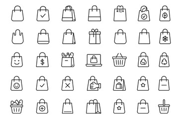 Shopping bag icon set in modern thin line style, vector illustration of paper, plastic, gift, eco, store, market, retail, supermarket, grocery, delivery, checkout, pictogram, infographic, packaging.