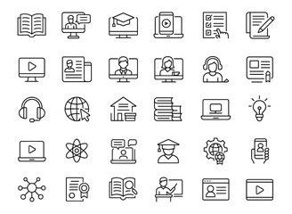 Vector illustration of modern thin line style E-Learning editable icon set including diploma, online lecture, video call, testing, education, training, digital university, remote class.