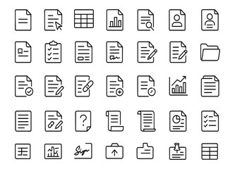 Document icon set, thin line editable style vector illustration of paper, file, folder, checklist, contract, table, report, form, analytics, signature, summary, template, questionnaire.