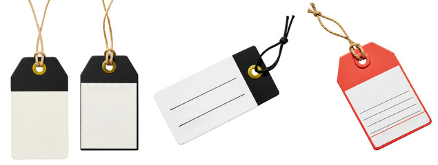 Blank luggage tags in black, red, and white on transparent background  