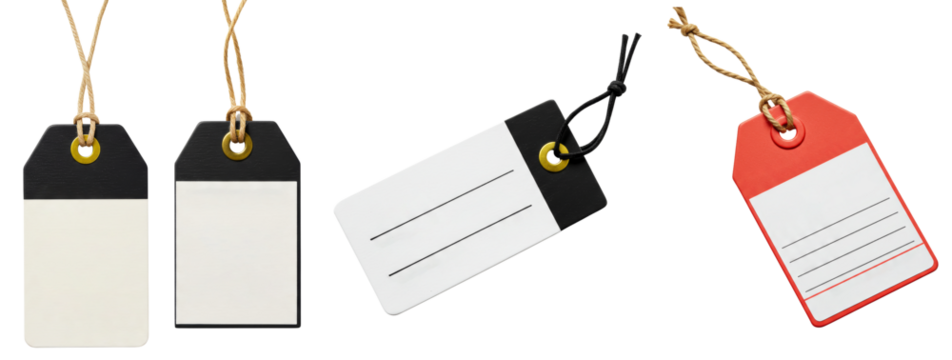Blank luggage tags in black, red, and white on transparent background  