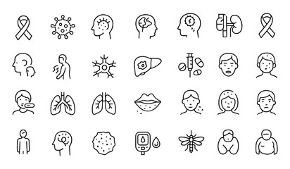 Common Illnesses thin line editable icon set, vector illustration of disease symbols including cancer, coronavirus, allergy, mental health, stroke, diabetes, asthma, pictogram for infographics.