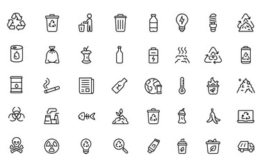 Vector illustration of waste line editable icon set, modern thin style with pollution, recycling, sorting, garbage bin, battery, plastic, rubbish, environment, waste management concept.