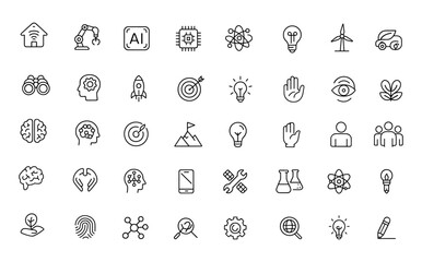 Innovations editable icon set, modern thin line vector illustration of smart home, robotics, AI, scientific progress, technology, future concepts, development, creativity, teamwork, isolated on white.